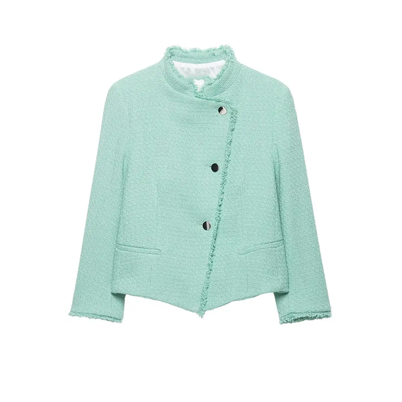 TFMLN Modische Damenjacke mit Rundhalsausschnitt, Asymmetrisch, Einreihig, Schlank Geschnitten, Lange Ärmel, Kurzer Mantel, Schick, Herbst 2026 Neu – Detail 2
