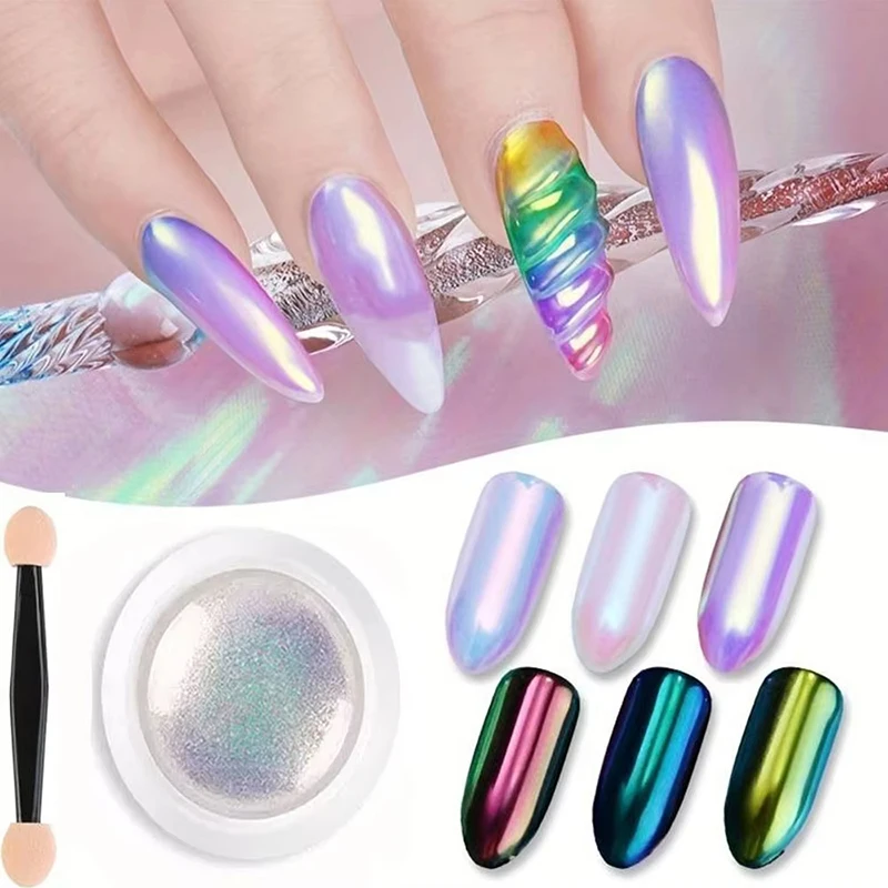 1Jar Pearl Effect Nail Powders Mirror Aurora Chrome Mermaid Nails Art Powder Rainbow AB Magic Mirror Pearl Shell Powder Supplies