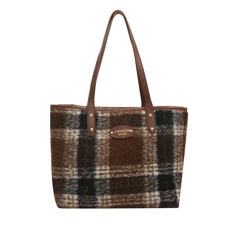 Autumn Winter Large-capacity Shoulder Bag Women New Korean Version of Woolen Plaid Shoulder Bag Joker Niche Commuter Tote Bag