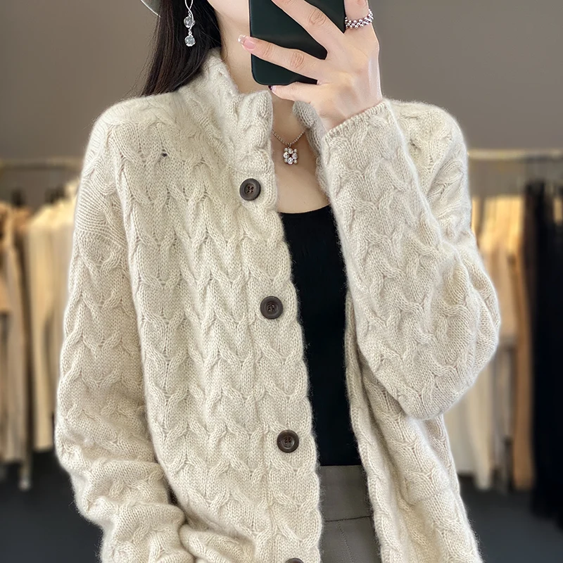 Autumn/Winter New 100% Merino Wool Clothing Women\'s Stand Up Collar Knitted Cardigan Fashion Korean Twisted Jacket Luxurious Top