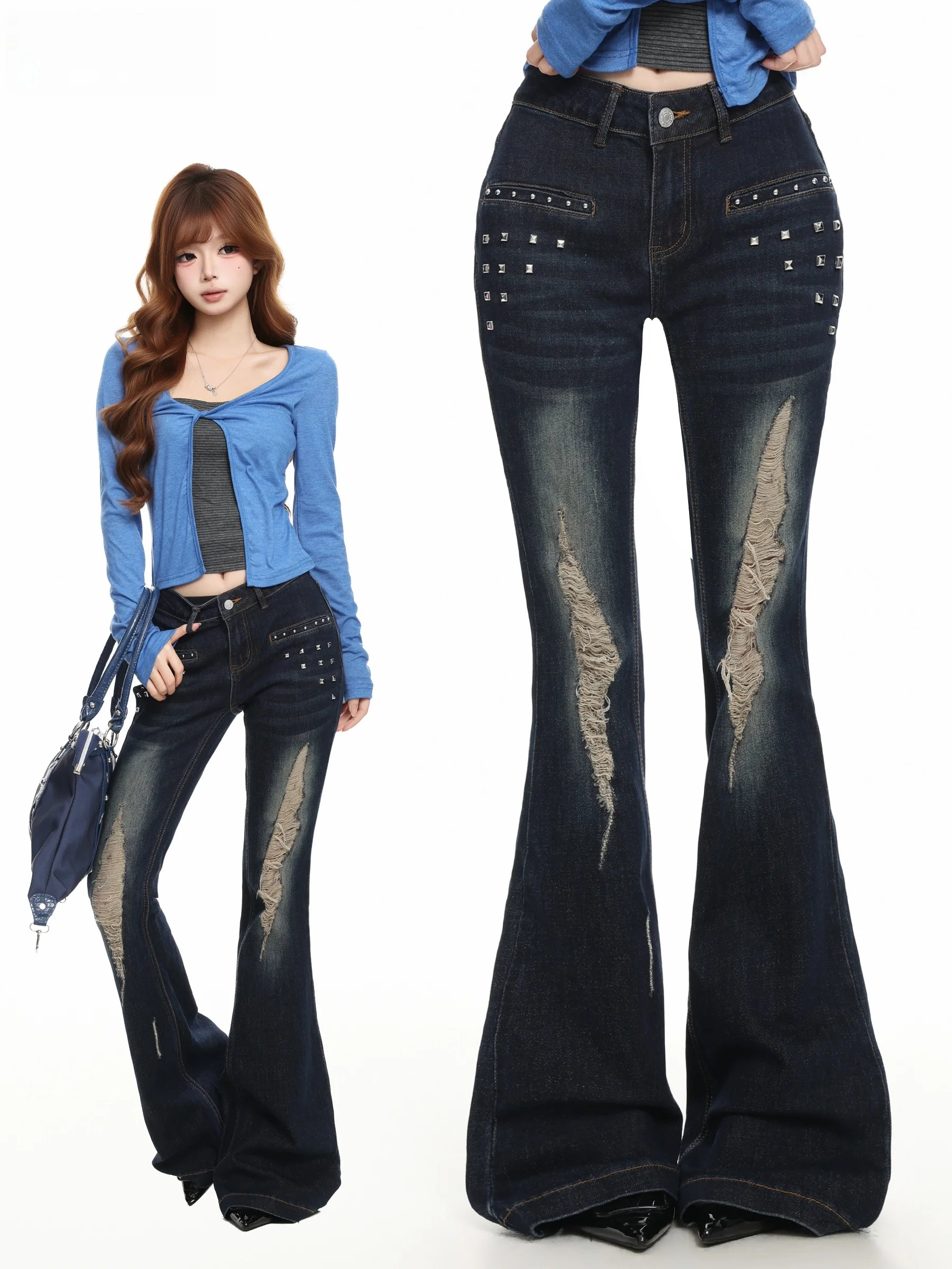 Retro American Rivet Hole Denim Jeans Women's Fall Design Low Waist Slim Micro Flared Pants Long Pants Skin-friendly Breathable
