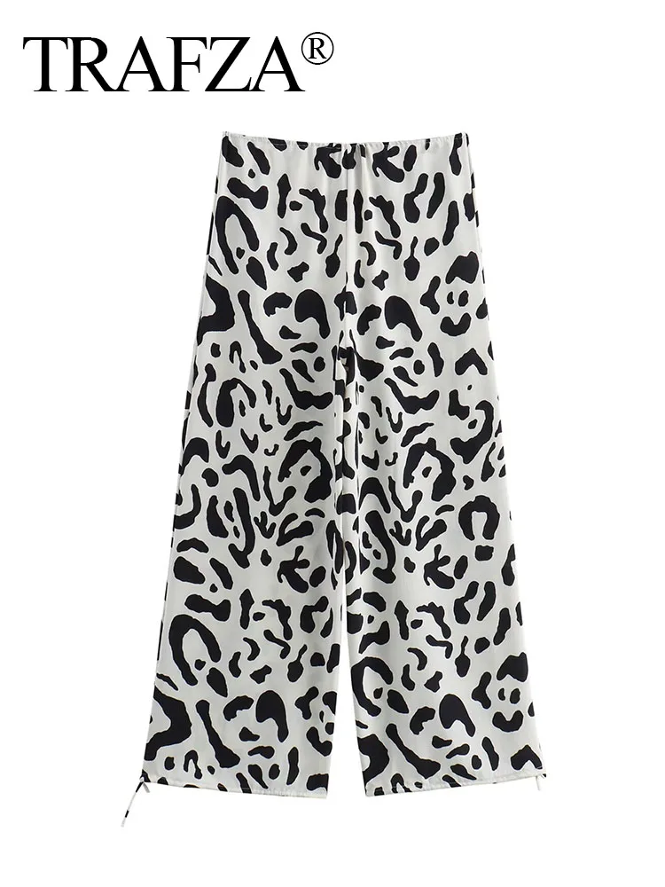 TRAFZA Summer Women's Bow Lace-up Decorate Drawstring Wide Leg Pant Women Black And White Printed Trousers Streetwear Mujer