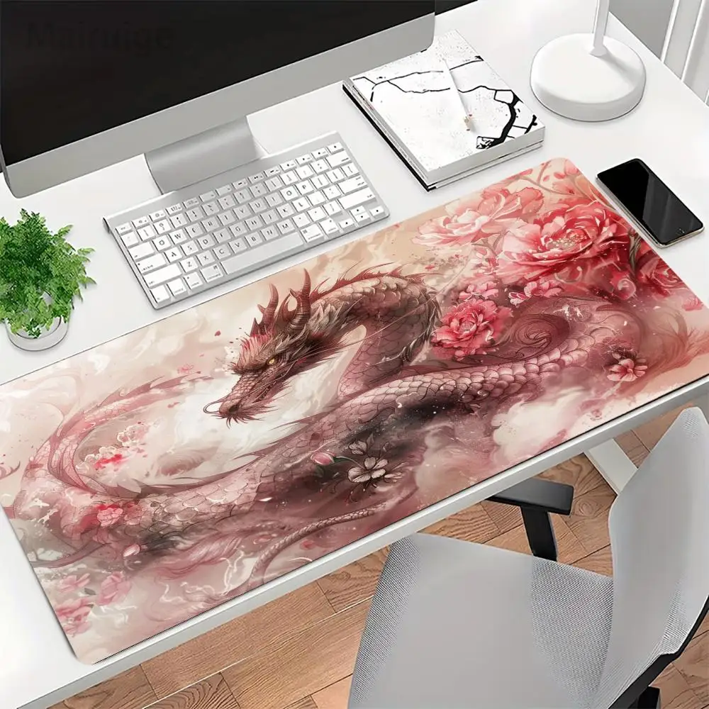 Dark Cherry Blossom Dragon Atmospheric Desk Mat Cool Chinese Style Non-Slip Stitched Edge Mouse Pad for Office Gaming