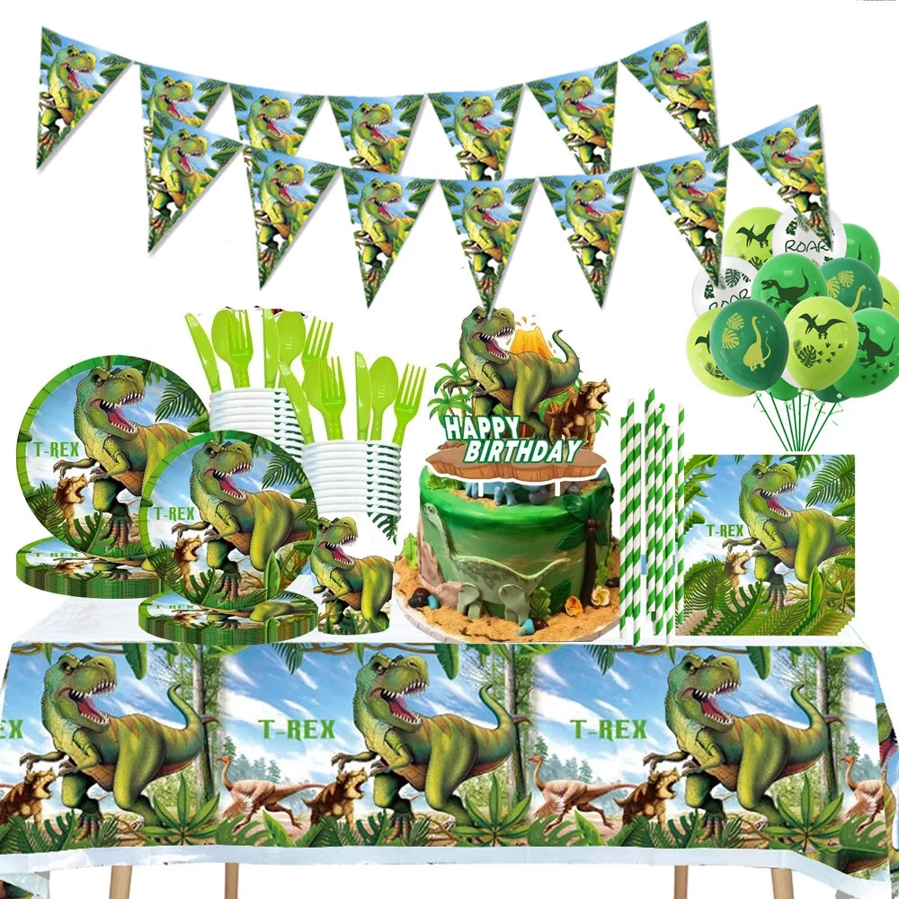 Decoraciones para fiesta de cumpleaños de dinosaurio Jurassic World, mantel Tiranosaurio Rex, platos y vasos de papel, globos de dinosaurio,