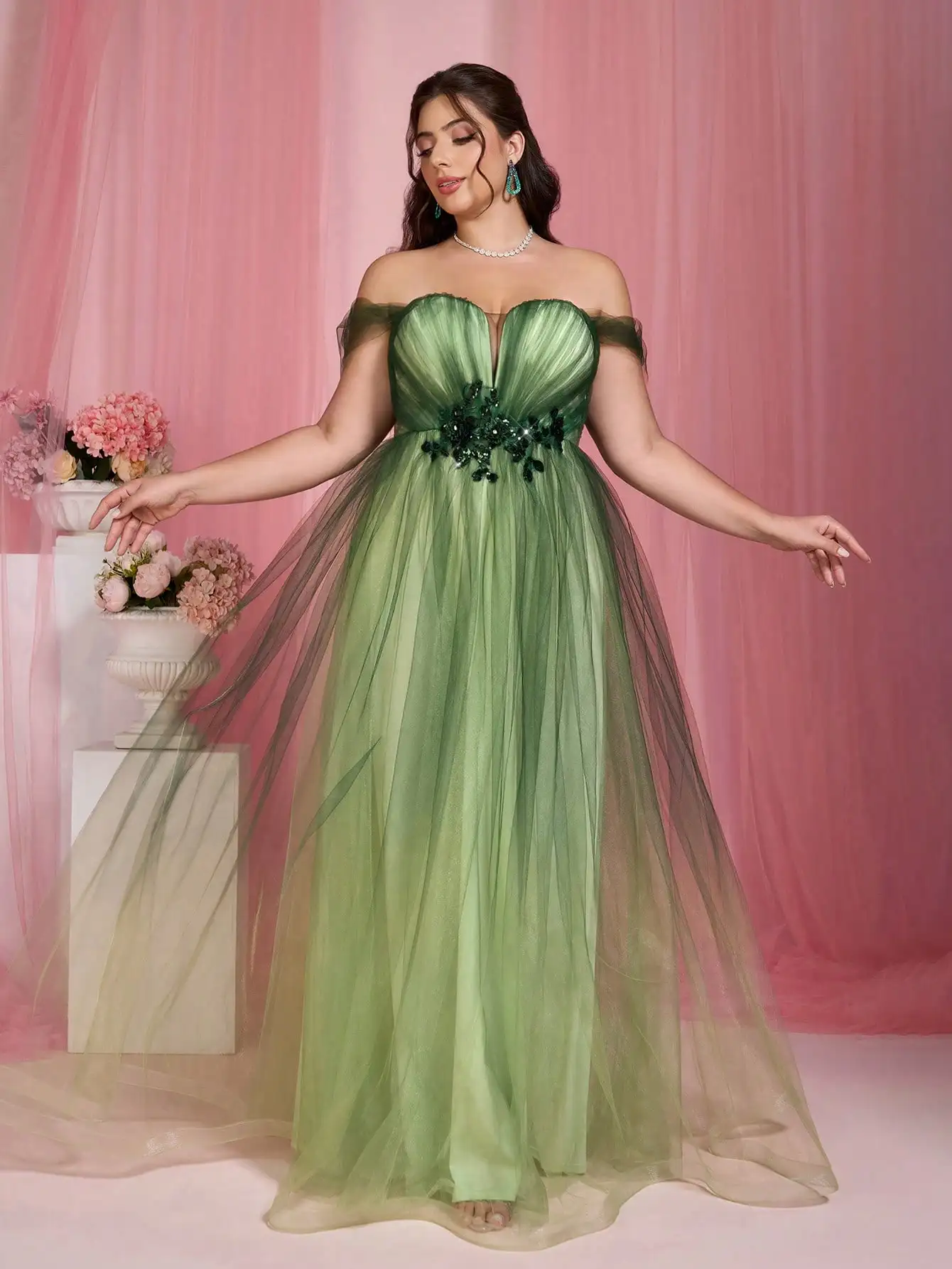 

Mgiacyv-neck one-shoulder mid-waist floral tapered gradient mesh long skirt