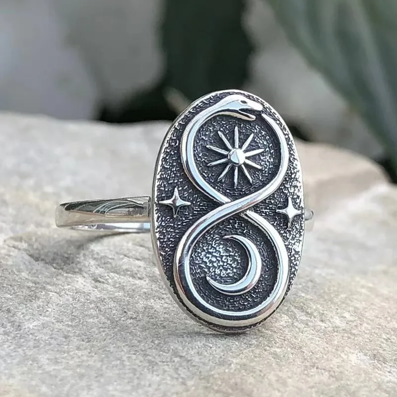 Anillos Vintage de Color plateado con forma de estrella y sol serpentina para mujer, anillos redondos personalizados para fiesta y creatividad, joyería