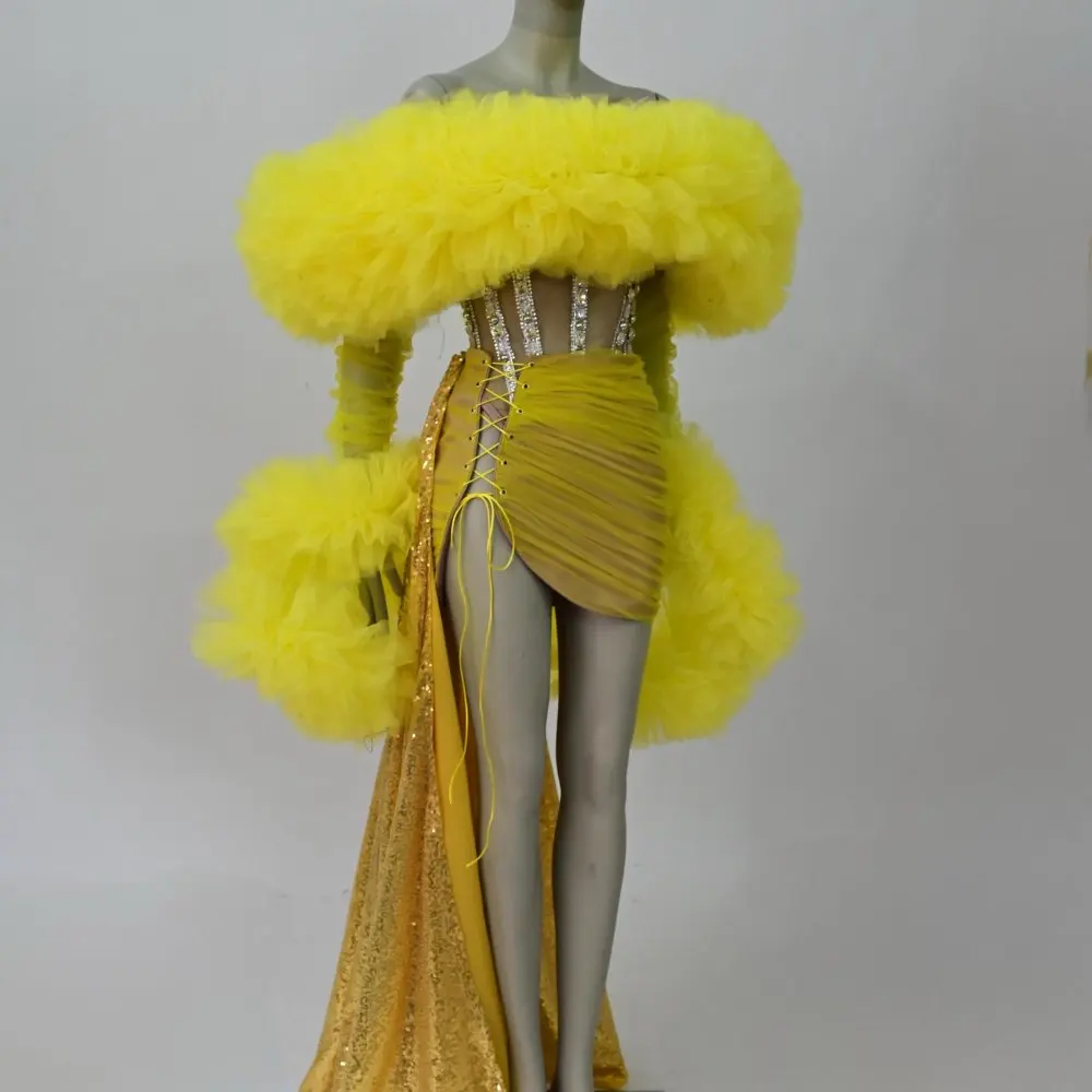 

Glittering Yellow Showgirl Outfit with Puffy Tulle Sleeves & Sequin Back, Off‑Shoulder Lace‑Up Stage Dress for Night Club Party