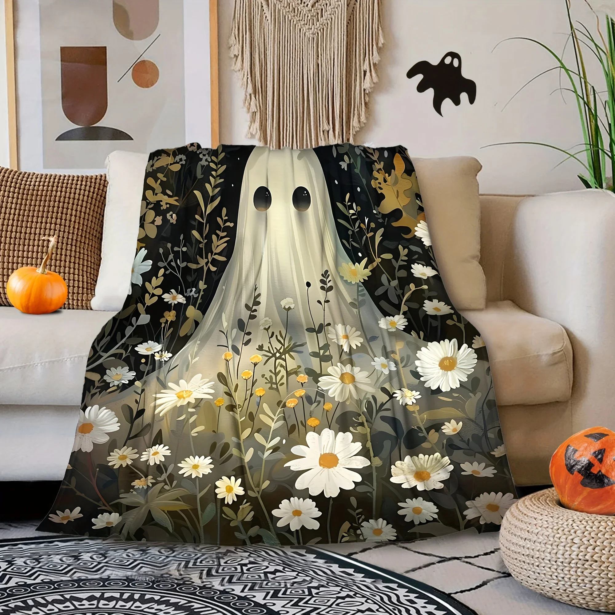 

Cozy Flannel Halloween Throw Blanket Soft Warmth with Spooky Floral Design in Black White for Bed or Couch
