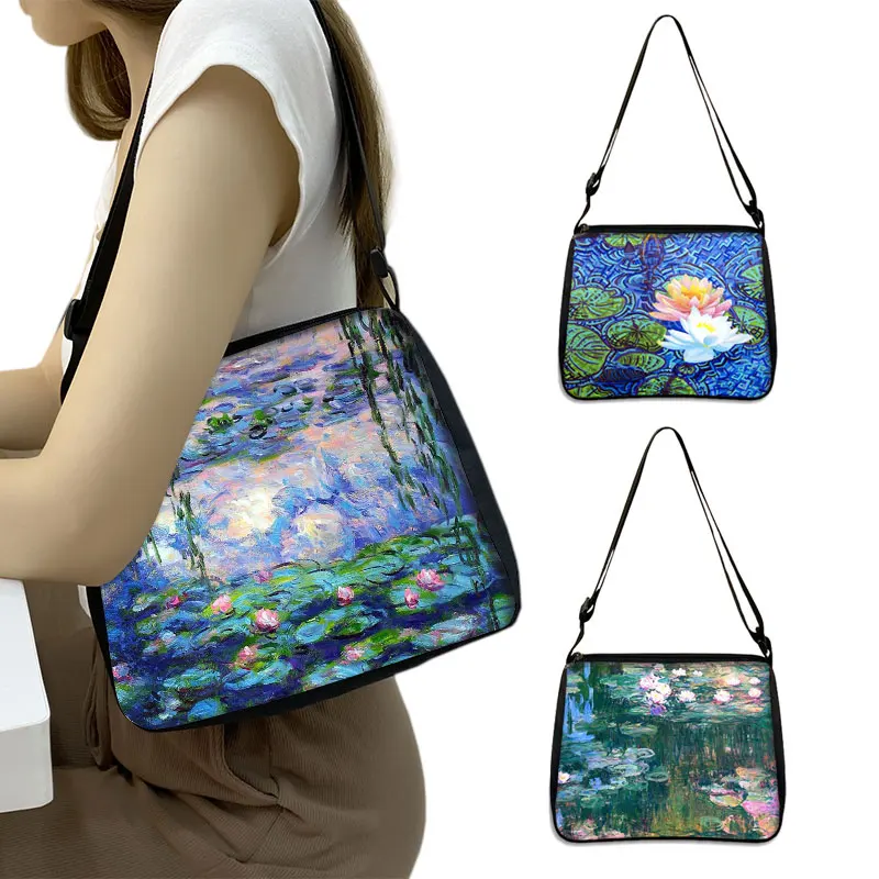 Vintage Painting Water Lily / Lotus Print Shoulder Bag Monet Women Handbag Ladies Travel Underarm Bag Portable Shopping Bags