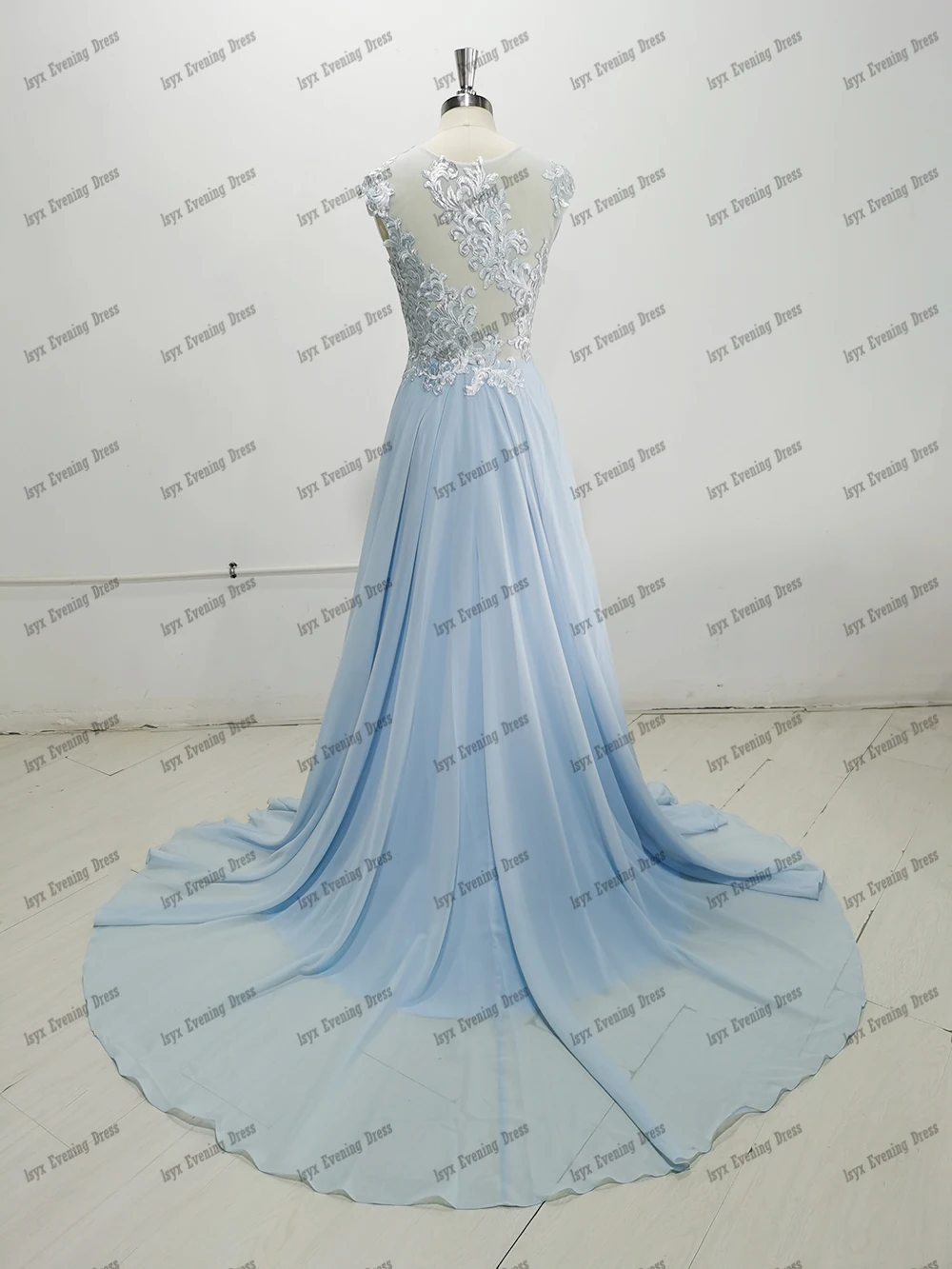 Vestido de fiesta de gasa azul claro para mujer, prenda elegante de encaje con cuello redondo y corte en A, longitud hasta el suelo, cola de barrido, 2021