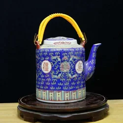 Classic Blue Lifting Beam Teapot Chinese Tea Set Pastel Painted Longevity Boundless Ceramic Kettle Coffee Table Decor Ornament