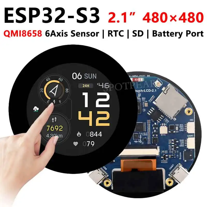 placa de desenvolvimento lcd com sensor de eixos ecra tactil cativo eixos esp32 s3 esp32 s3 480x480 lvgl hmi qmi8658c 01