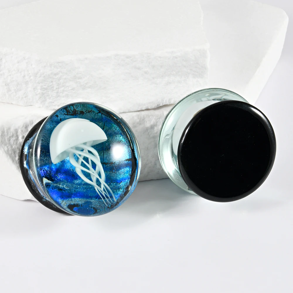 1PC Glass Red/White jellyfish Ear Tunnels Plugs Ring Double Flared Saddle Ear Gauges Strechers Expander Piercing Jewelry 8-25mm