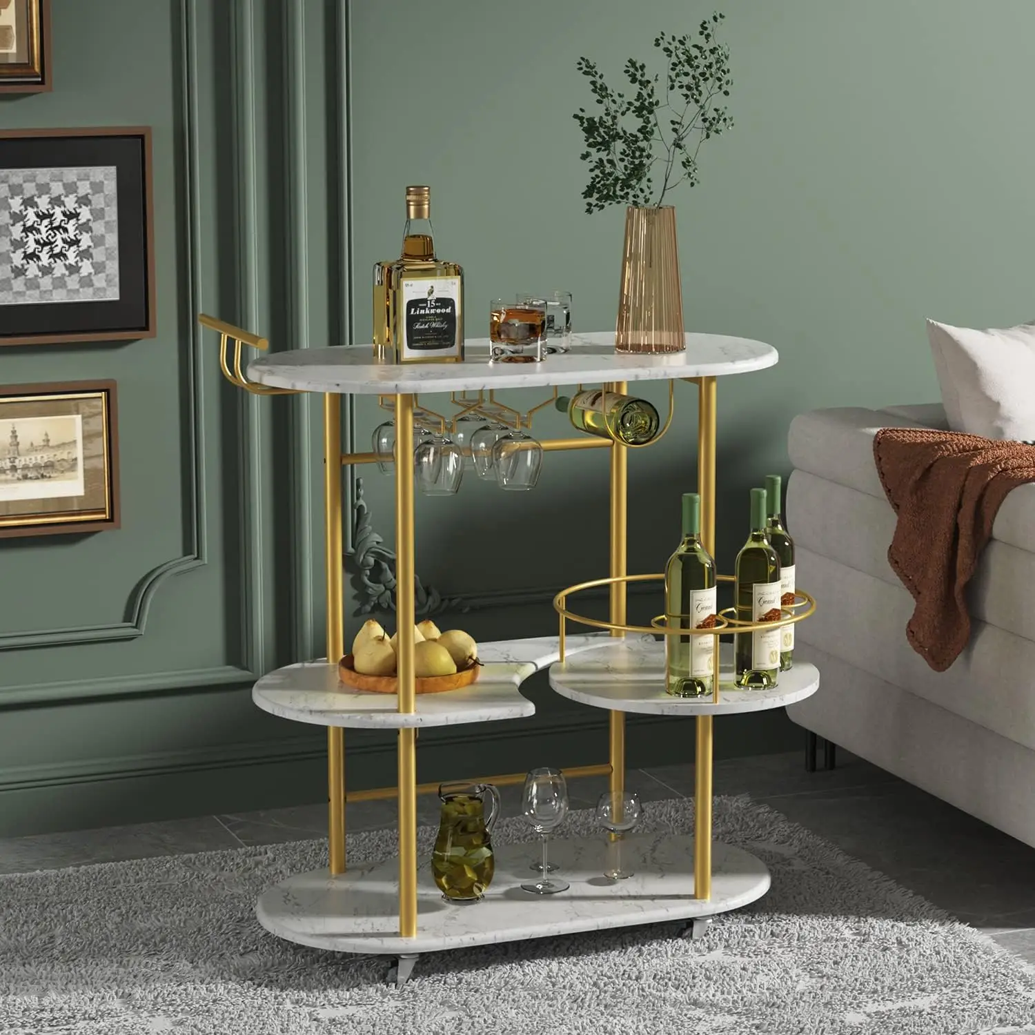 Carts with 4-Tier Storage Shelves, Mobile Bar Serving Cart with Wine Rack and Glass Holder, for The Home, Kitchen, Living Room,