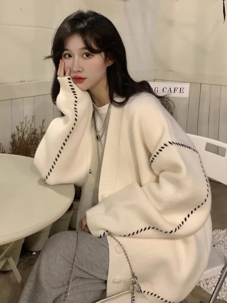 

Ele Women's Knitted Sweater Long Sve V-Ne White Open Cardigan Loose Sle Autumn Winter Outerwear Comfortable Faion