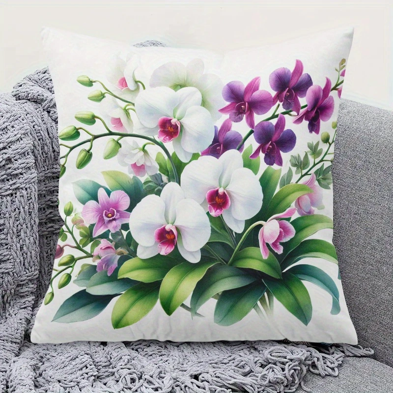 Lila-weißer Orchideen-Kissenbezug, eleganter Kissenbezug mit Blumenmuster, Boho-Stil, botanische Hochzeit, Heimdekoration, Geschenk