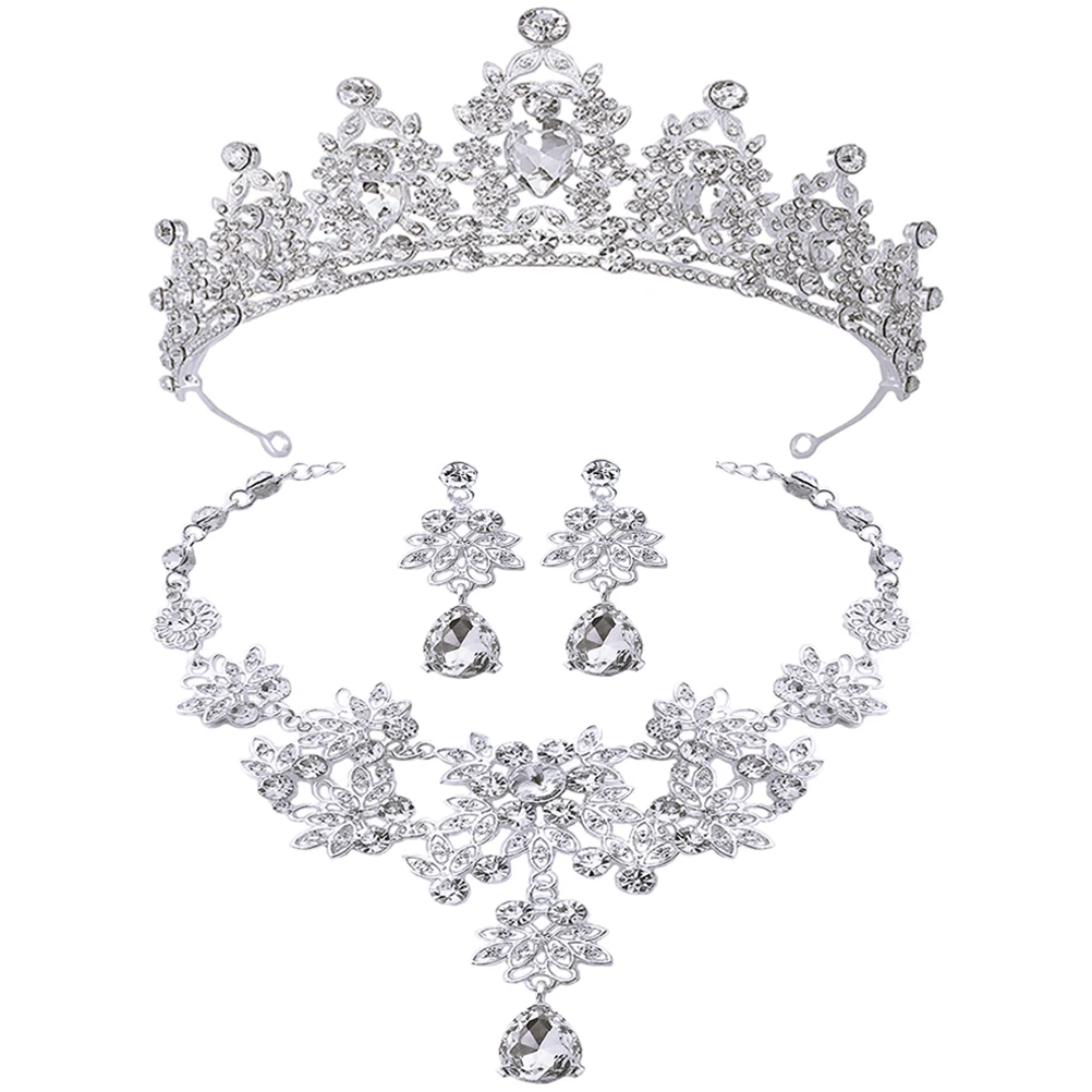 

Crystal Crown Necklace Earring Set Bride Princess Wedding Jewelry for Brides Rhinestone Tiara