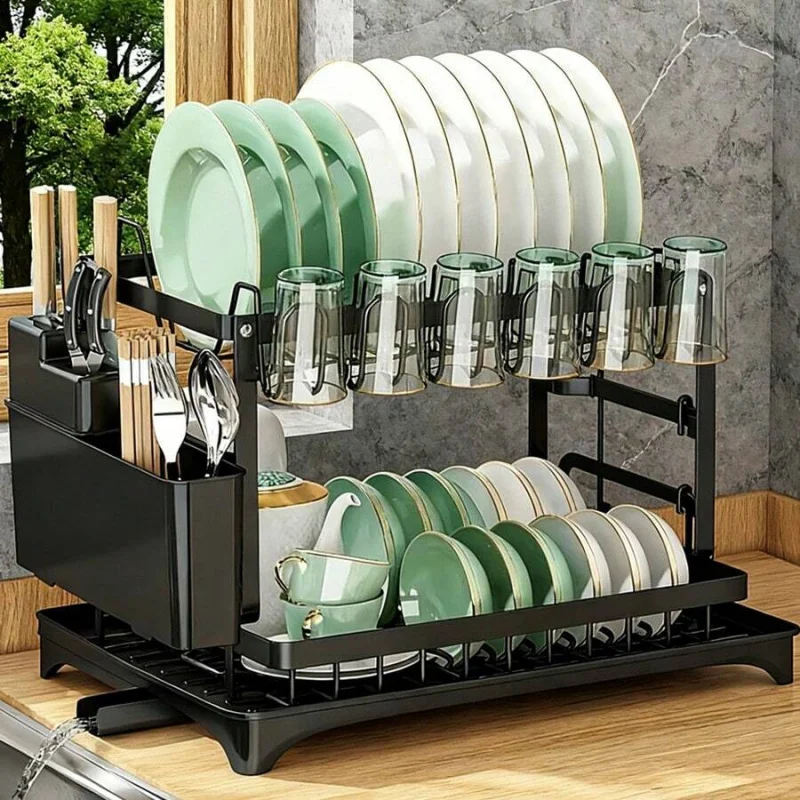Stainless Steel Rust Proof Metal Dish Drying Rack 2 Tier Large Capacity Space Saving Automatic Drainage with Multi Functional