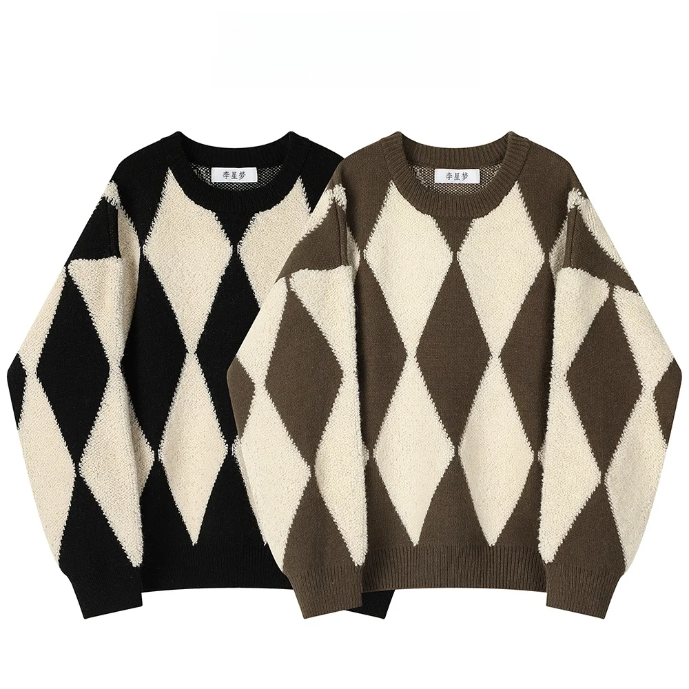 

Женский вязаный свитер с ромбовидным узором, свободный крой, цветная блузка, осенне-зимний топ в японском стиле в стиле ретро