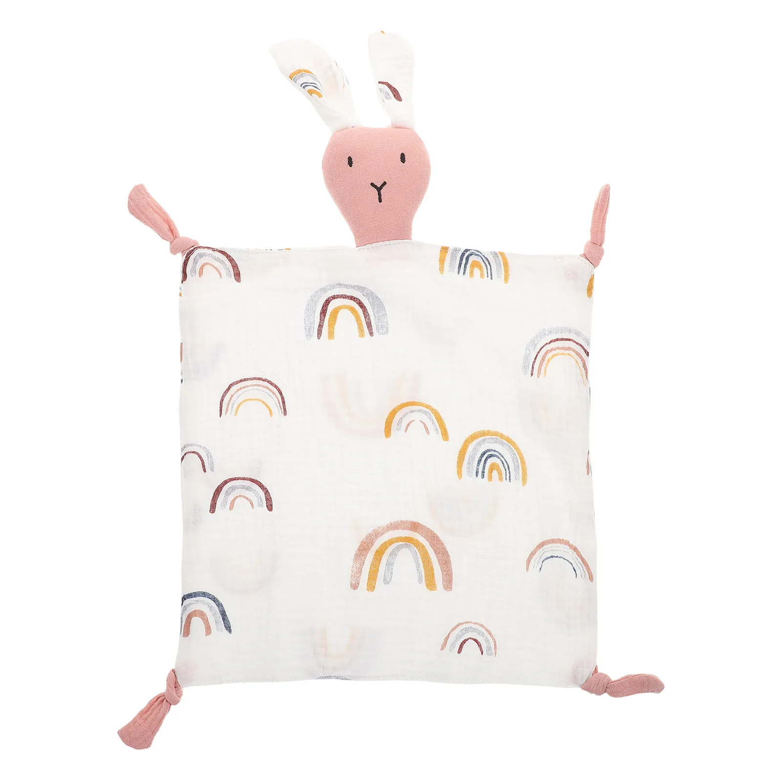 Cotton Muslin Baby Security Blanket Bunny Shape Soothing Crinkly Fabric Rainbow Pattern Soft Breathable Nap Time Bedtime Comfort