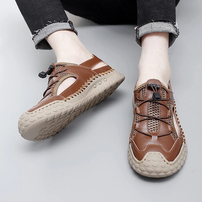 Mens HAND-Sewn Breathable Air Mesh รองเท้า Anti-SLIP Lovers 'รองเท้าหนังแท้รองเท้าแตะผู้หญิงขนาด 38-46