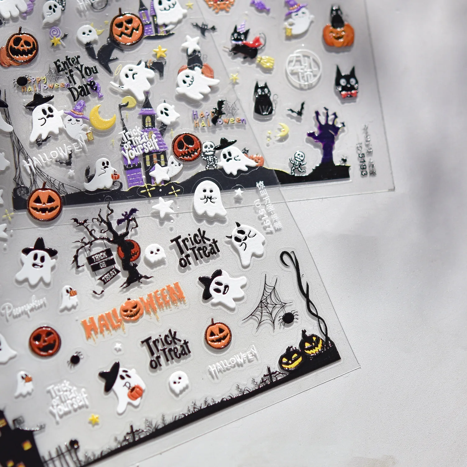 

#2025 5D Halloween Ghosts/Pumpkin/Black Cat Nail Stickers 8x10cm Cartoon Cat Spooky Spider Webs Decal Fun Scary Skulls Slider &*