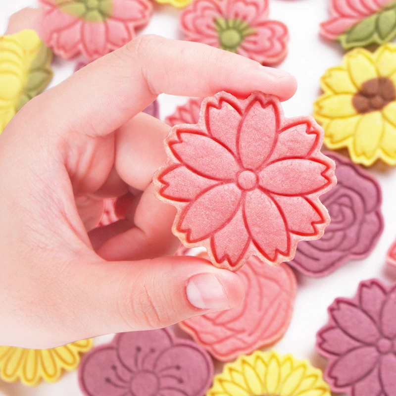 8Pcs/Set Cookie Cutters Plastic 3D Flower Shape Cartoon Pressable Biscuit Mold Cookie Stamp Kitchen Baking Pastry Sugarcraft