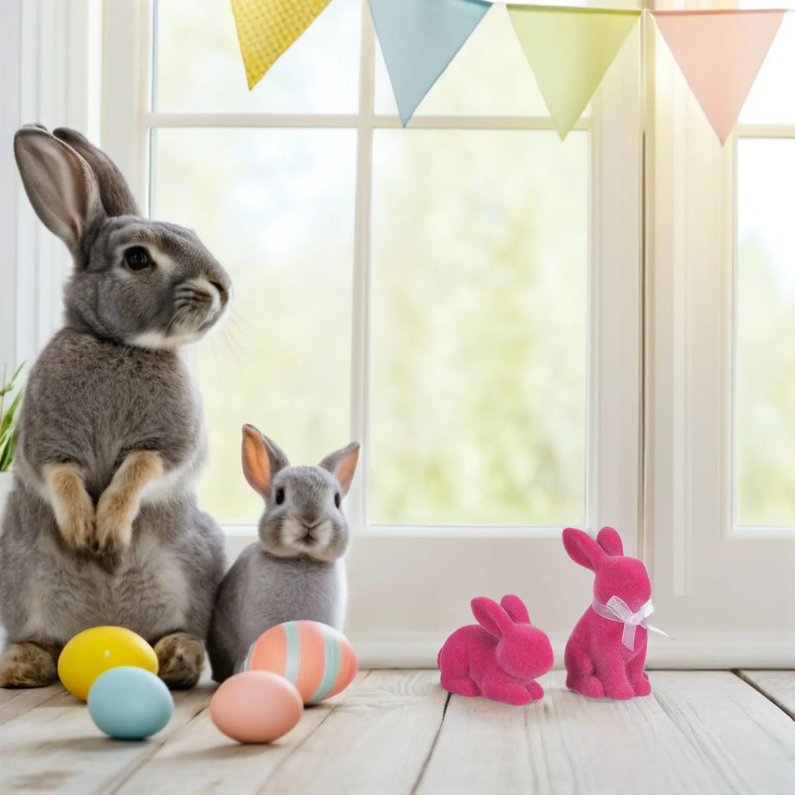 2Pcs Easter Flocked Bunny Statues Pink Resin Rabbit Tabletop Mantel Spring Home Office Centerpieces Decorative Rabbit Sculptures