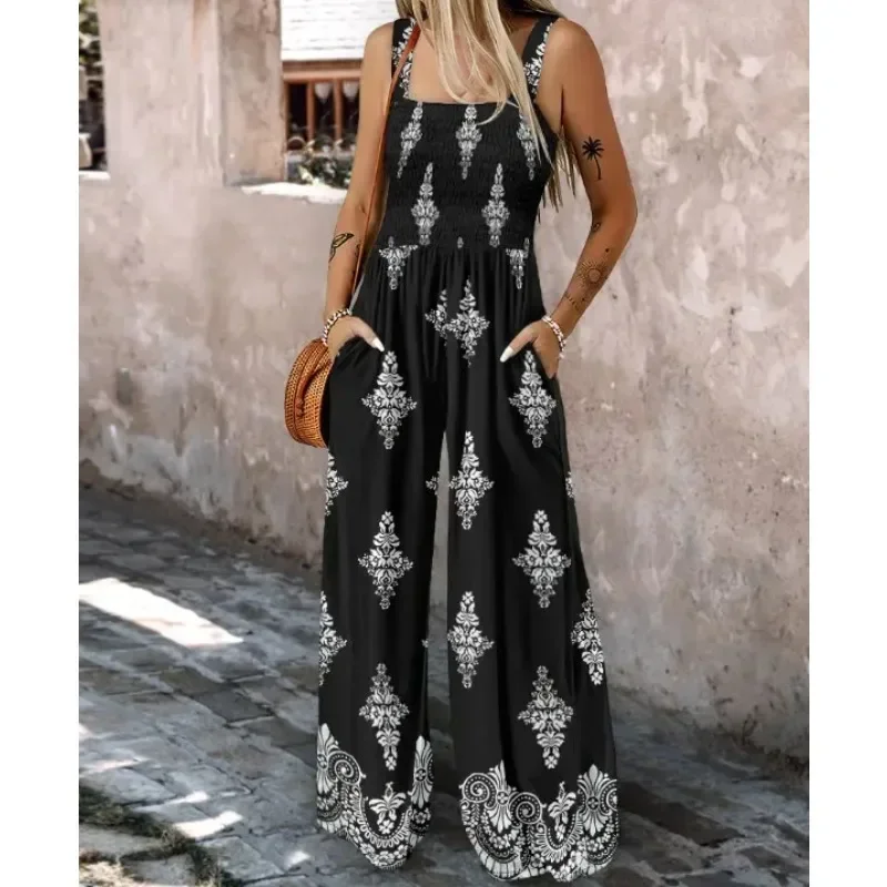 Plus Size 1XL-5XL New Women Print Sling Sleeveless Jumpsuits Ladies Casual Wide Leg High Waist Casual Loose Rompers