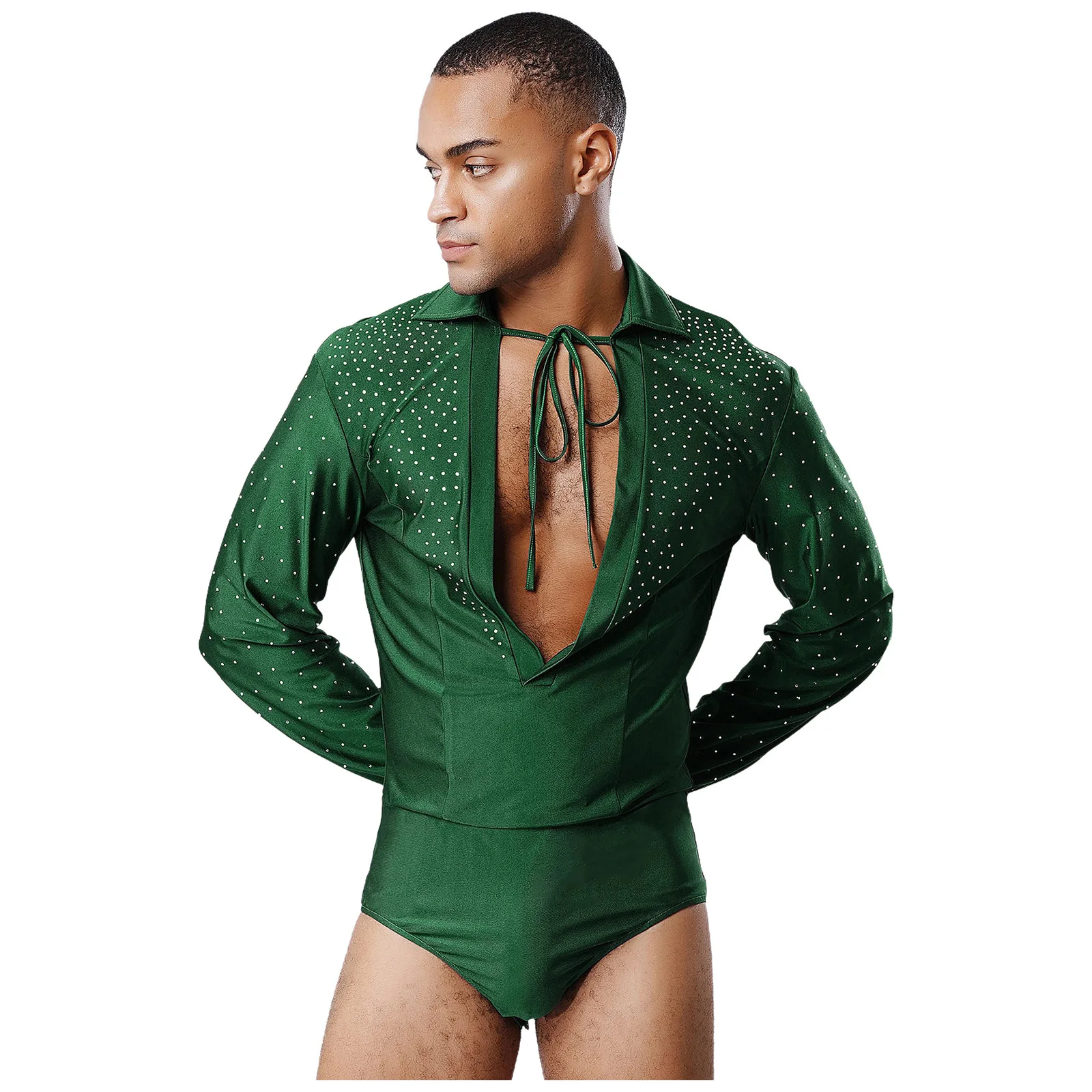 Mens Latin Jazz Dance Leotard Deep V Neck Long Sleeve Glitter Rhinestones Open Crotch Bodysuit Dancewear for Ballet Prince Stage
