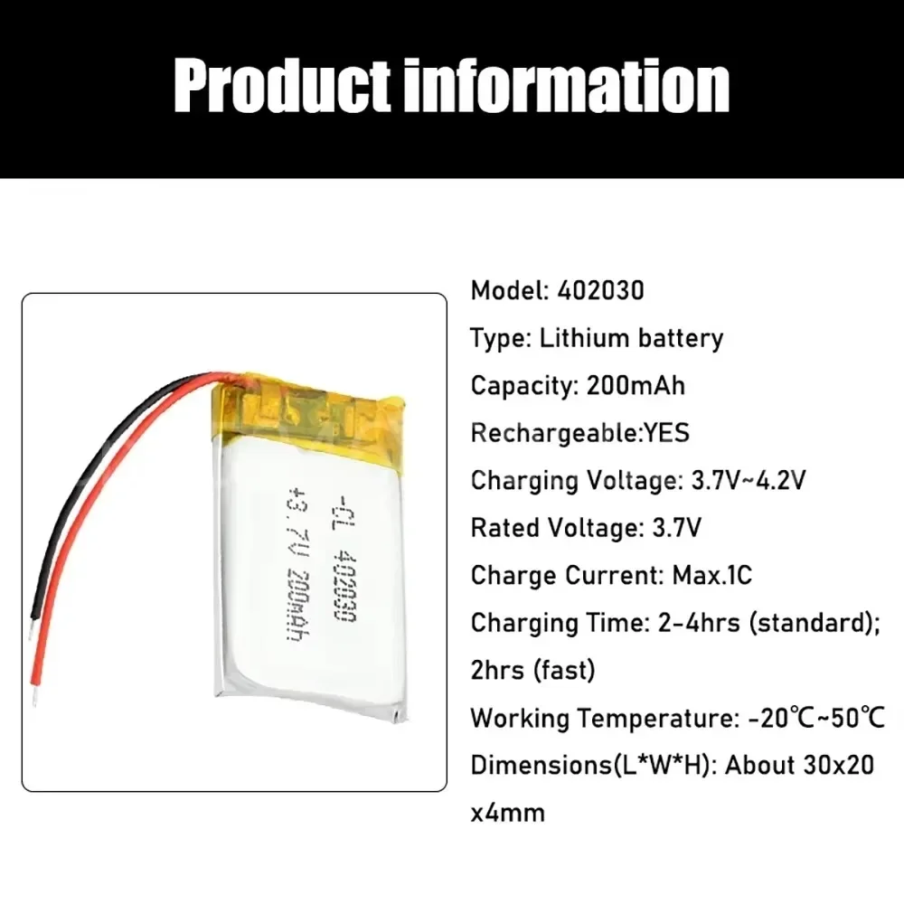 Baterai Lithium polimer 3.7 V, 402030 042030 200mah dapat disesuaikan grosir CE FCC ROHS MSDS sertifikasi kualitas