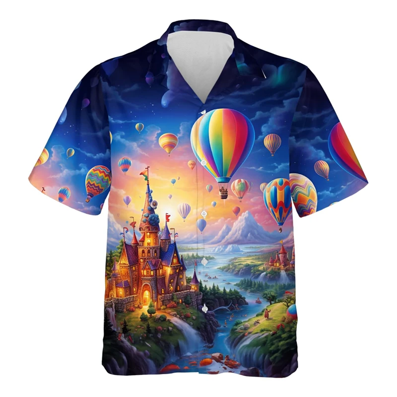 Colorful Hot Air Balloon Graphic Shirts For Men Casual Hawaii Female Fire Balloon Beach Shirt Short Sleeve Airball Male Blouses