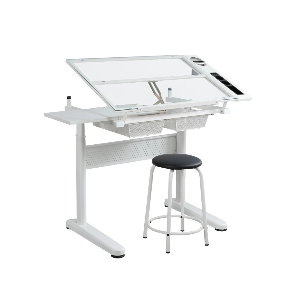 

hand crank adjustable drafting table drawing desk with 2 metal drawers (white)WITH STOOL