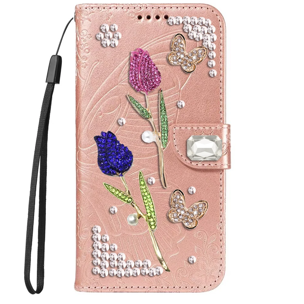 Pink Blue Rose Leather Phone Case for iPhone 16 15 14 13 12 11 Pro Max Plus Magnetic Flip Wallet Coque Bling Diamond Cover