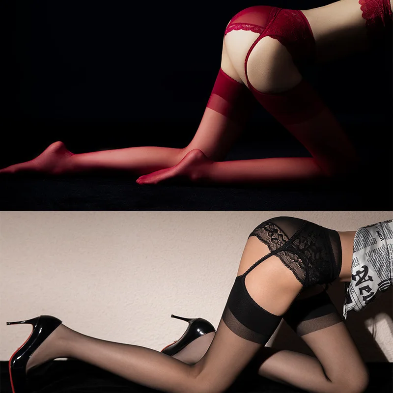 3D net red integrated lace suspender high waist open crotch silk stockings black ultra-thin non take off sexy with feet