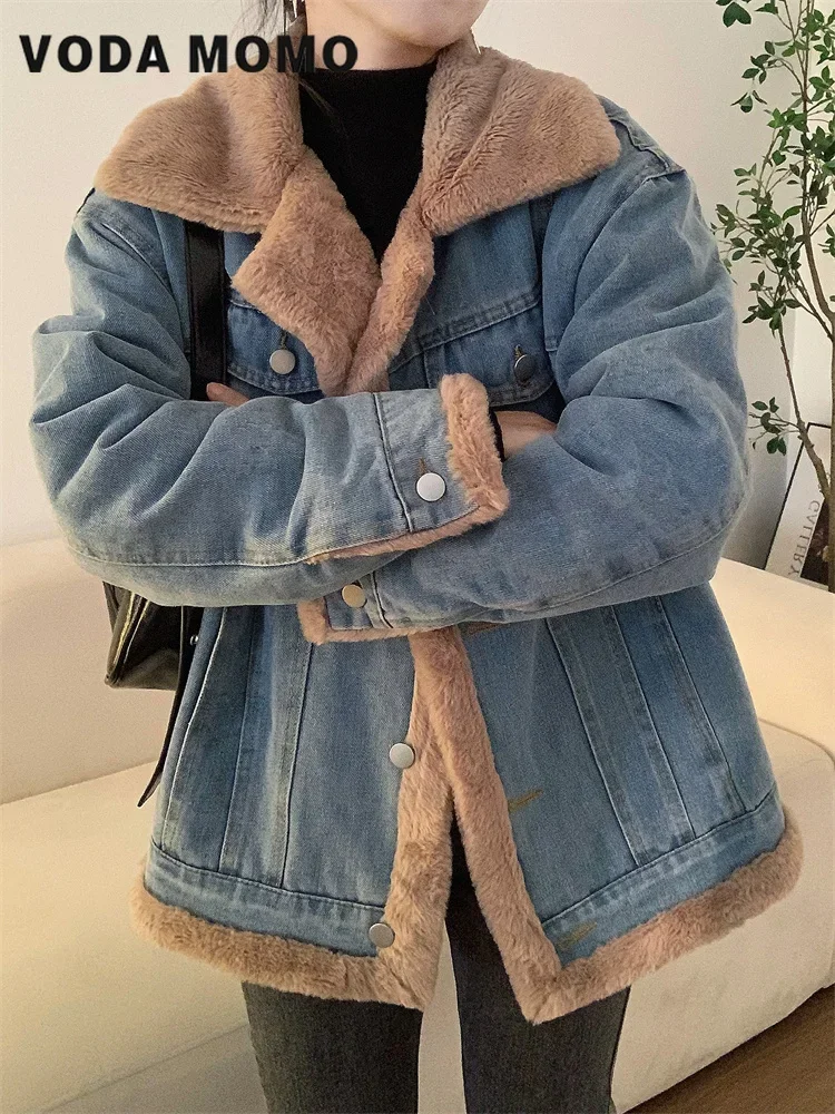 Winter Loose Casual Warm Jeans Coats Wear Fur Collar Long Sleeves Female Clothes Fleece Thicken Fashion Retro Denim Jacket Women