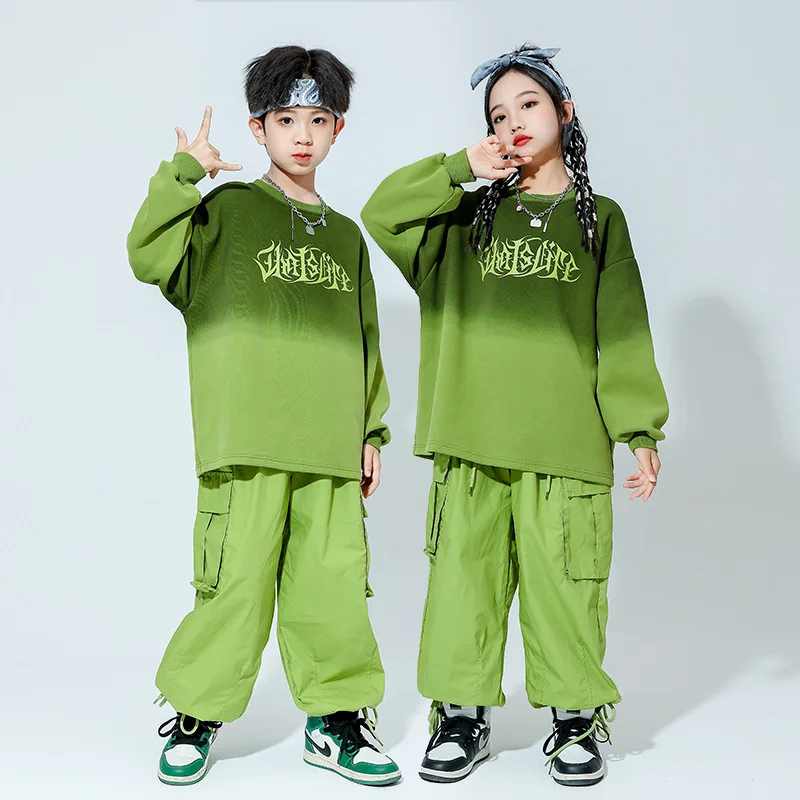 Meninos hip hop roupas verde oversized camiseta bolsos calças de carga para meninas crianças jazz dança traje conjunto roupas