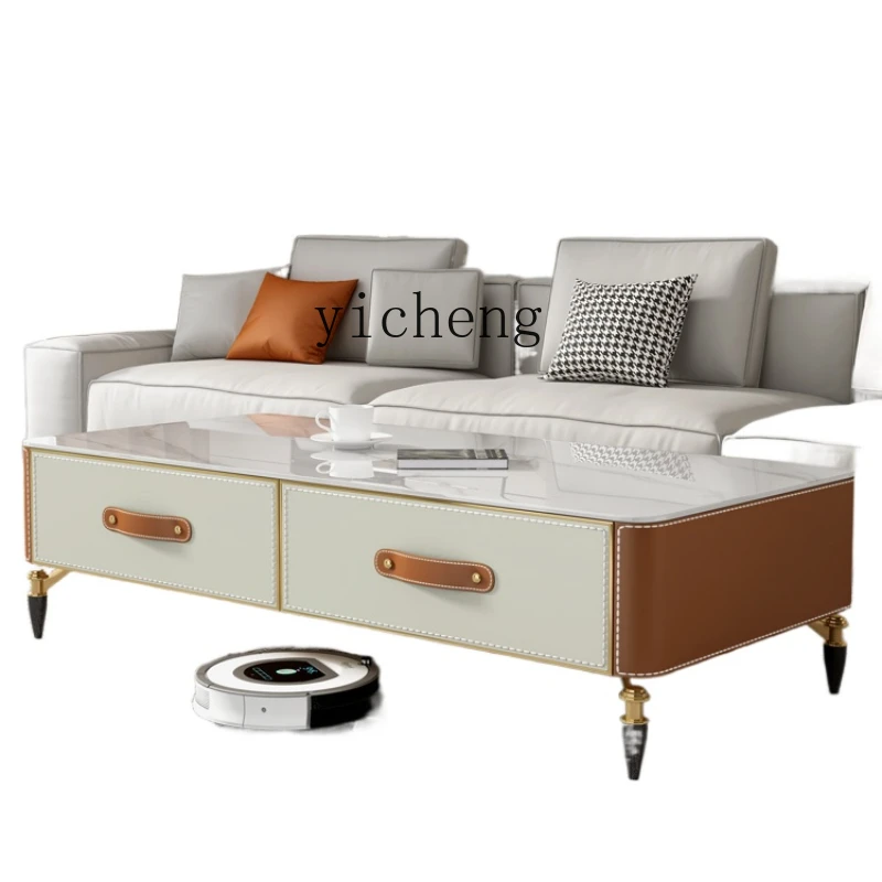 BB Light Luxury Saddle Leather Long End Table Stone Plate Coffee Table TV Cabinet Solid Wood High Tea Table