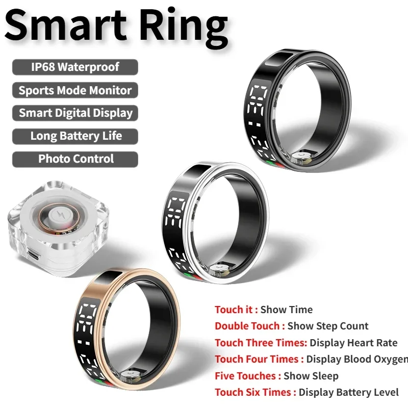 Smart Ring for Men Women Heart Rate Blood Oxygen Monitoring Multi Sports Modes IP68 Waterproof Smart Ring with LED Display