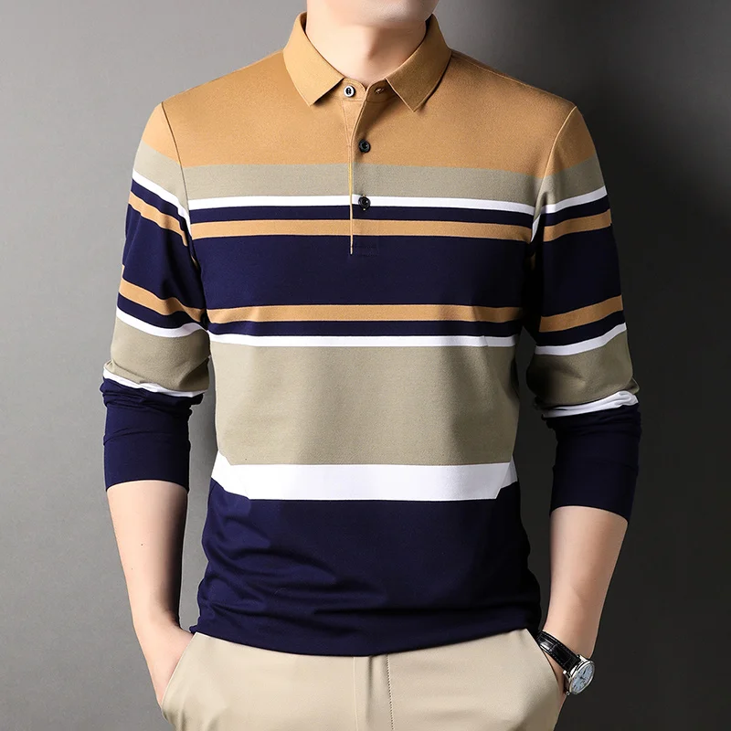 Top Grade New Designer Fashion Brand Striped Luxury Classic Fit Clothes For Men Polo Shirt Casual Long Sleeve Tops Men Clothing