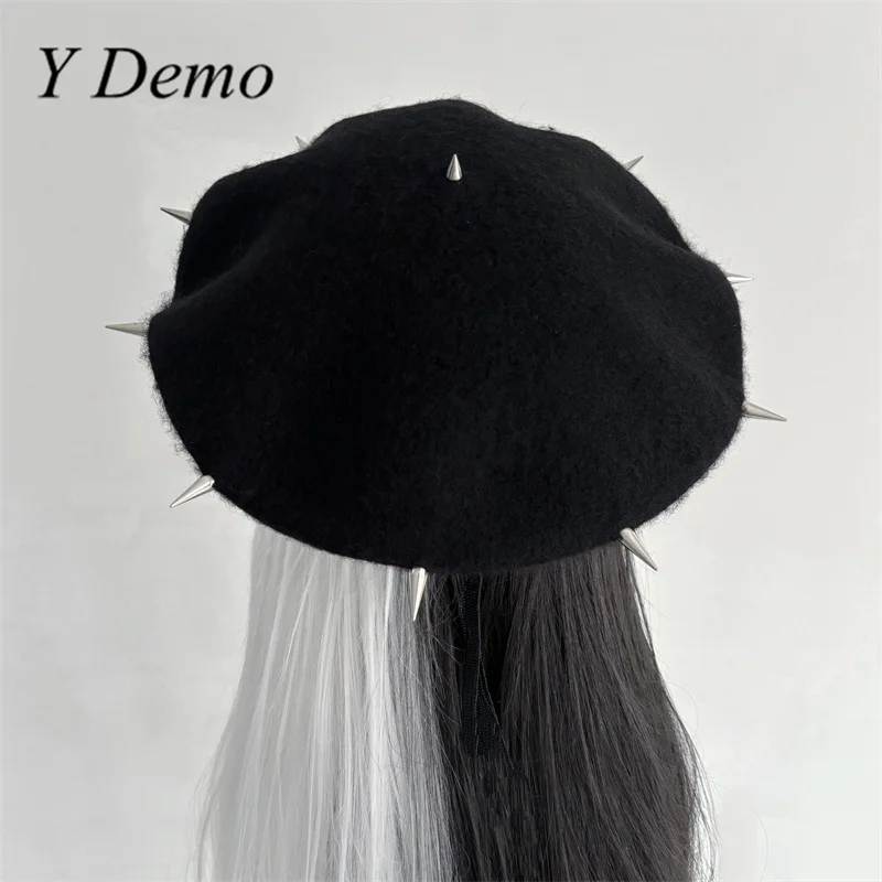 Y Demo Punk Rock Rivets Pu Splicing Women\'s Beret Hat Streetwear Woolen Sparks Adjustable Black Hats