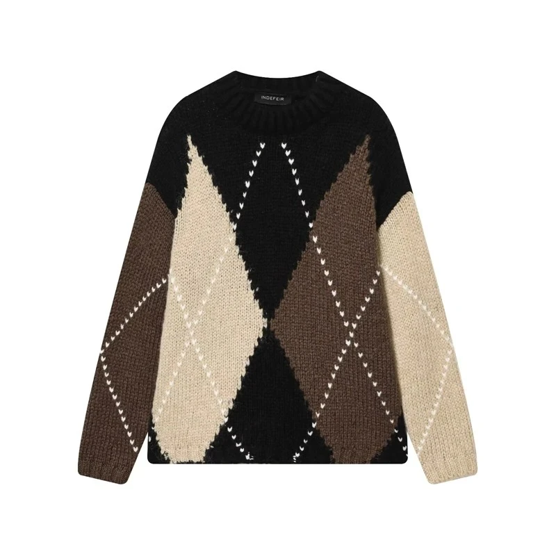 Argyle-Strickpullover für Damen, Farbblock-Pullover mit Rundhalsausschnitt und langen Ärmeln, warme Strickwaren im Retro-Stil für Herbst-Winter-Shirts