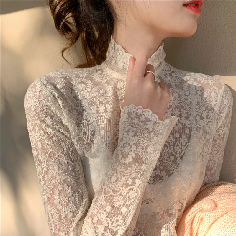 

Autumn Winter New Sle Heavy Embroidery Lace Stand Collar Base irt Hollow out Long Sve Me Top Women's Faion Commute...