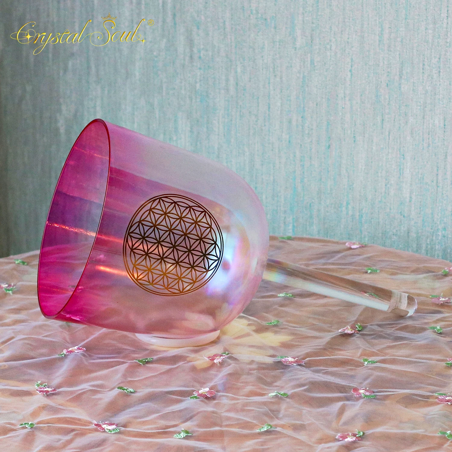 Crystal Soul 432hz Pink Gradient Flower of Life Holding Alchemy Crystal Singing Bowl with accessories and Bag