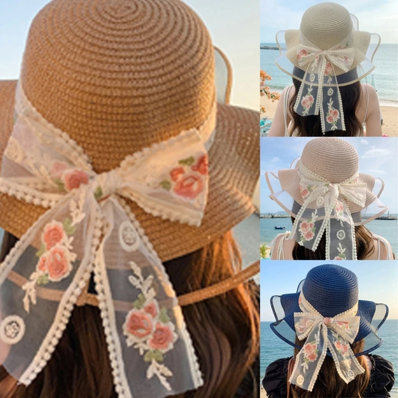 

Elegant Ribbon Bow Straw Hat Handwoven Breathable Embroidered Flower Belt Hat Holiday Vacation Hat Western Sun Hat Dropship