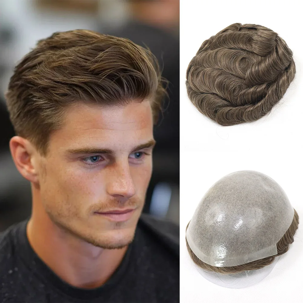 

0.06-0.08mm Brown Full PU Toupee For Men Human Hair Men's Capillary Prothesis Hair Wig #18 Male Hair Piece Single Knot Skin Hair