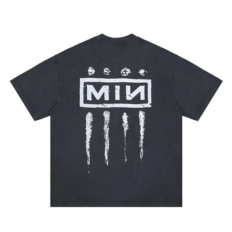 Heavy Fabric Cotton Oversized Vintage Washed Black T-Shirt Men Women Casual NIN Nine-inch Nail T Shirt Streetwear Tee Tops