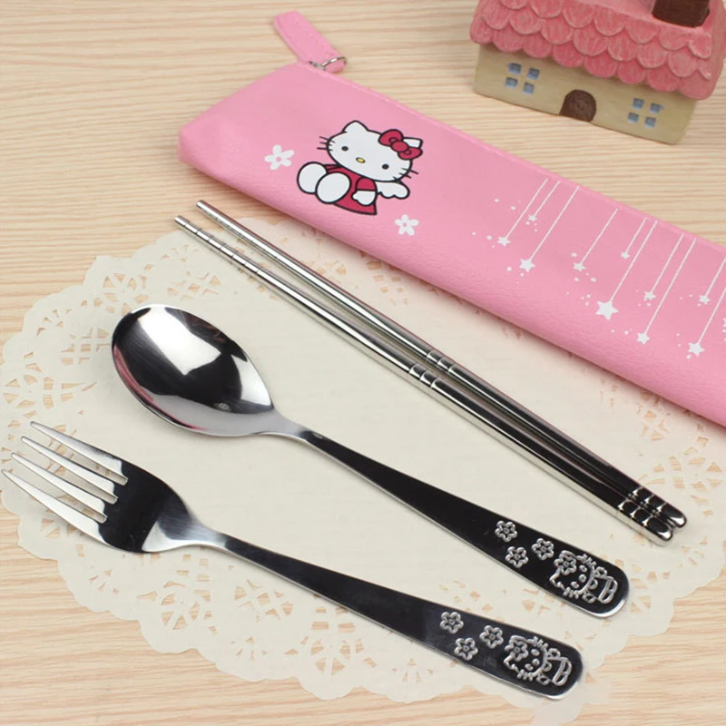 Sanrio Hello Kitty Metal Spoon Fork Chopsticks Tableware Cute Kawaii Anime Cartoon 304 Stainless Steel PU Storage Bag Baby Gift