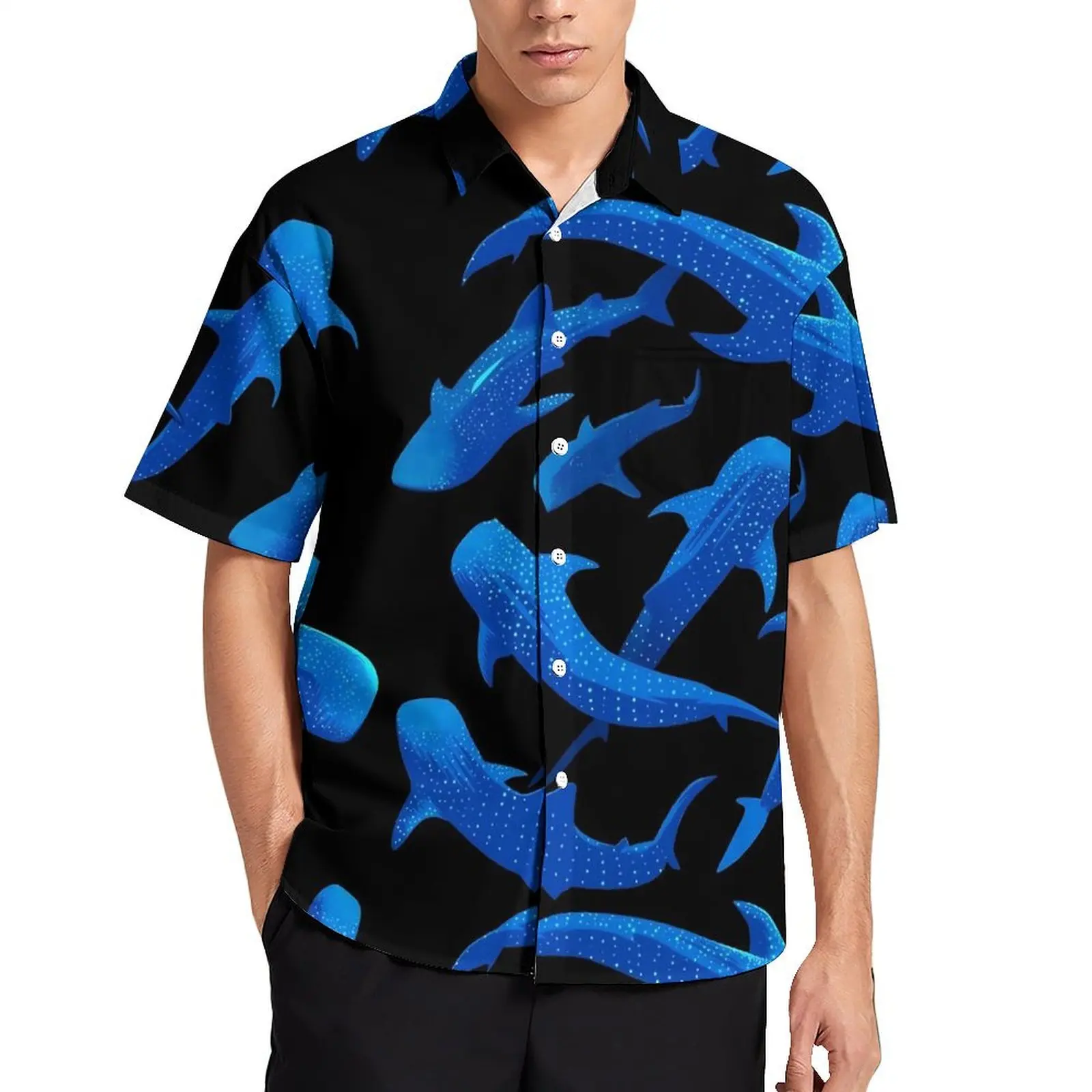 

Shark Whale Hawaiian Shirt For Mens Beach Blue Animal Print Casual Shirts Short Sleeve Street Design Trendy Oversized Blouses