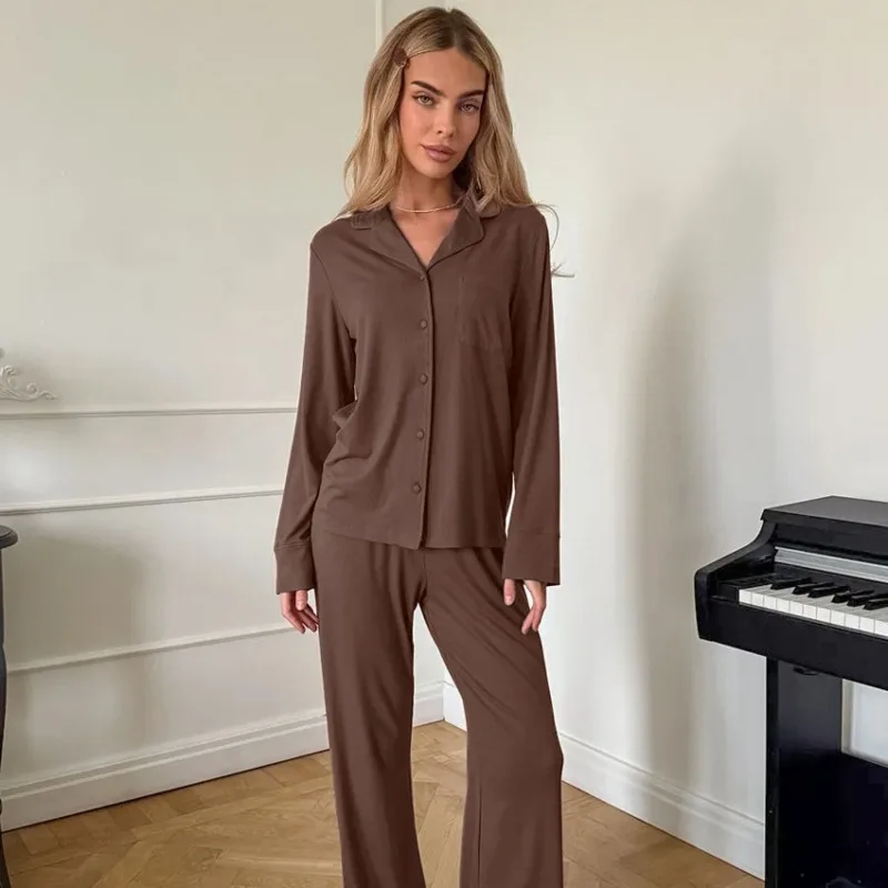 

2025 Women's Autumn Winter Knitted Pajamas Set Long Sleeve Top Trousers Brown Loungewear Indoor Outdoor Wear Casual 2pce